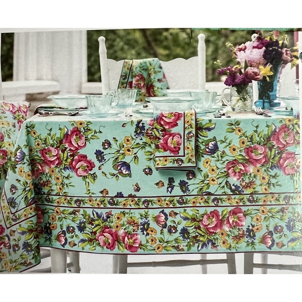 April Cornell Pennys Patio Floral Tablecloth size 60x102 Teal Cotton Butterfly